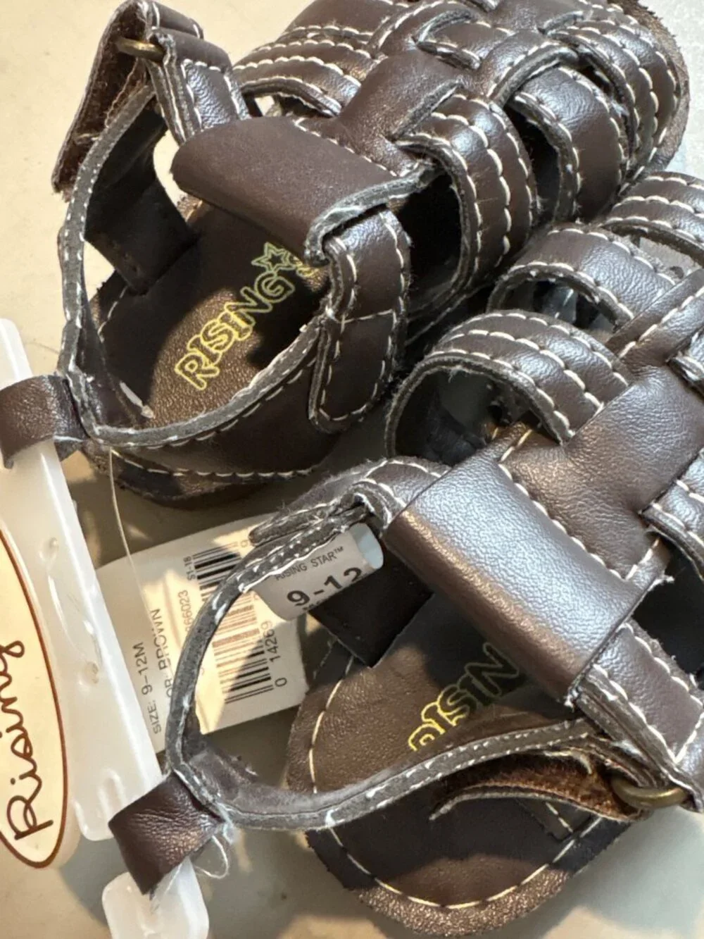 Rising Star Baby Sandals Brown Faux Leather Size 9-12M With Hook & Loop Closure